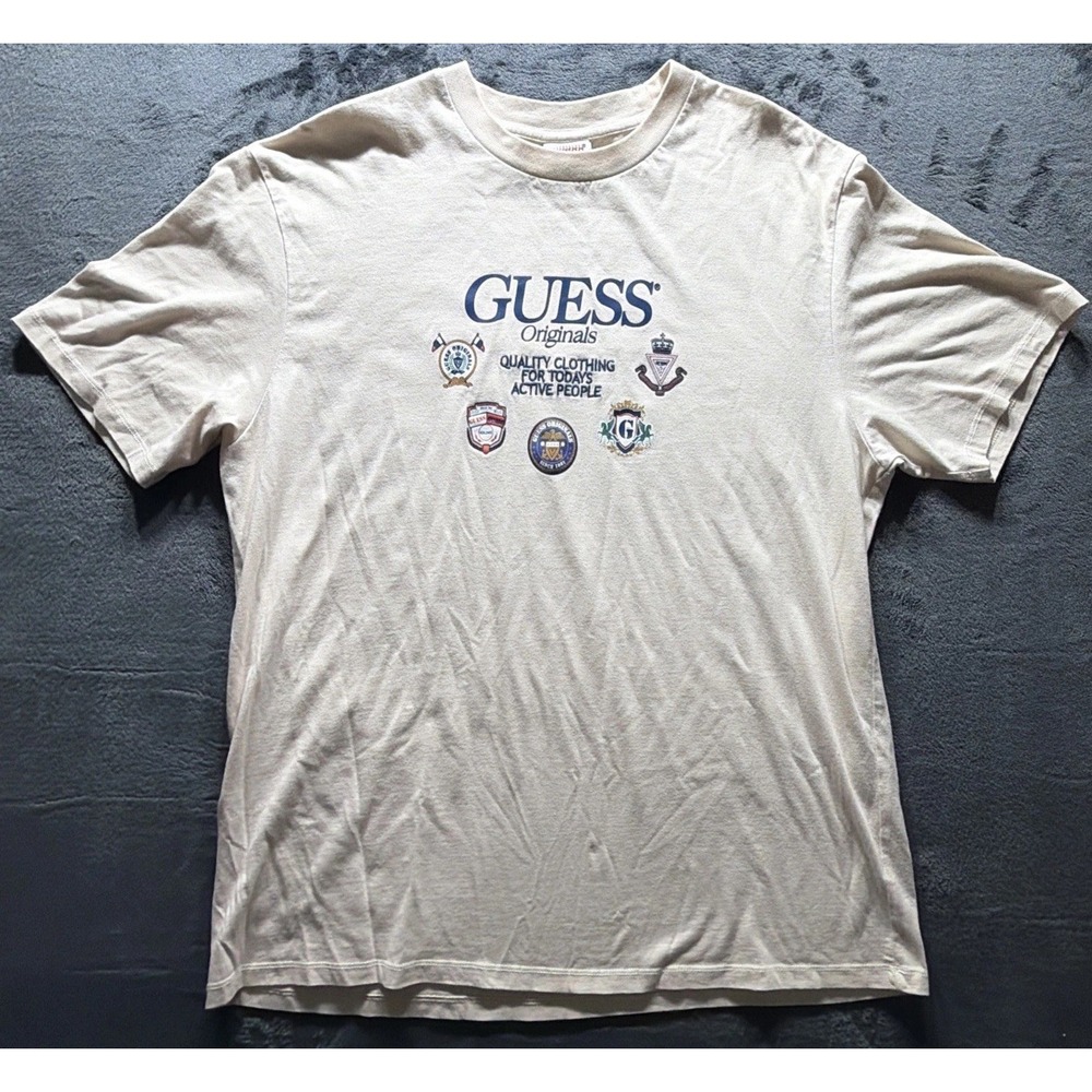 Guess Originals Vintage Crest Logos T-shirt. Retro T-shirt Cream Sz. Large.